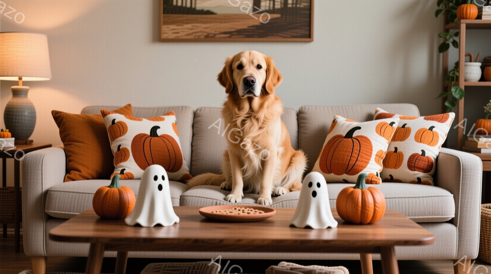 明るいリビングルームで、金色の毛並みの犬がソファの中央に座っています。ハロウィーンを意識したカボチャ柄のクッションやゴーストの置物が配置され、秋の暖かい雰囲気を醸し出しています。背景には木製の棚とアー - AI生成フリー素材