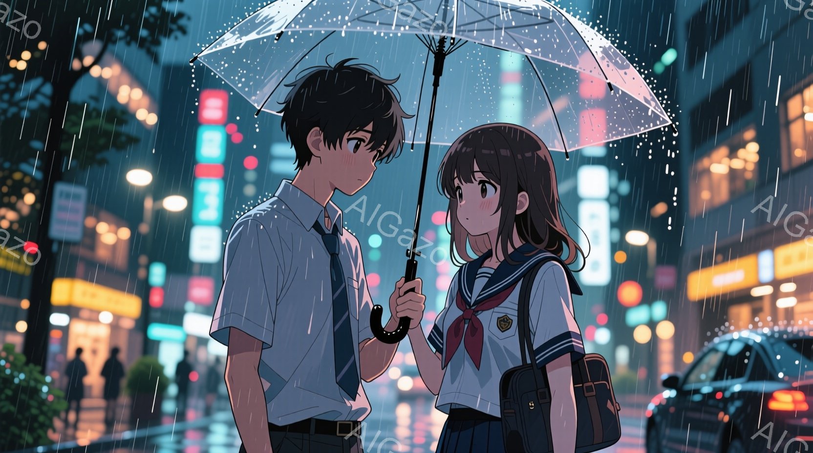 雨の夜、制服を着た少年と少女が並んで立っている。少年は黒髪で、少し憂いのある表情をしており、白いシャツにネクタイ、黒いズボンを履いている。少女は長い茶髪を後ろに垂らし、少し顔を赤らめ、制服のセーラー服 - AI生成フリー素材