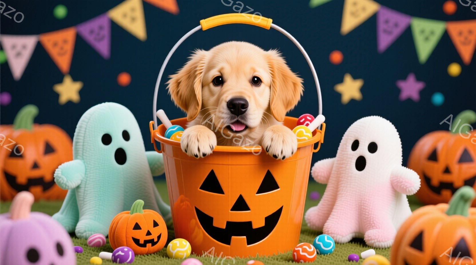 鮮やかなオレンジ色のハロウィンカボチャのバケツの中に、愛らしい子犬が顔を出しています。バケツの周りには、パステルグリーンの幽霊とオレンジ色のカボチャの置物が配置され、緑色の芝生の上にカラフルなキャンデ - AI生成フリー素材