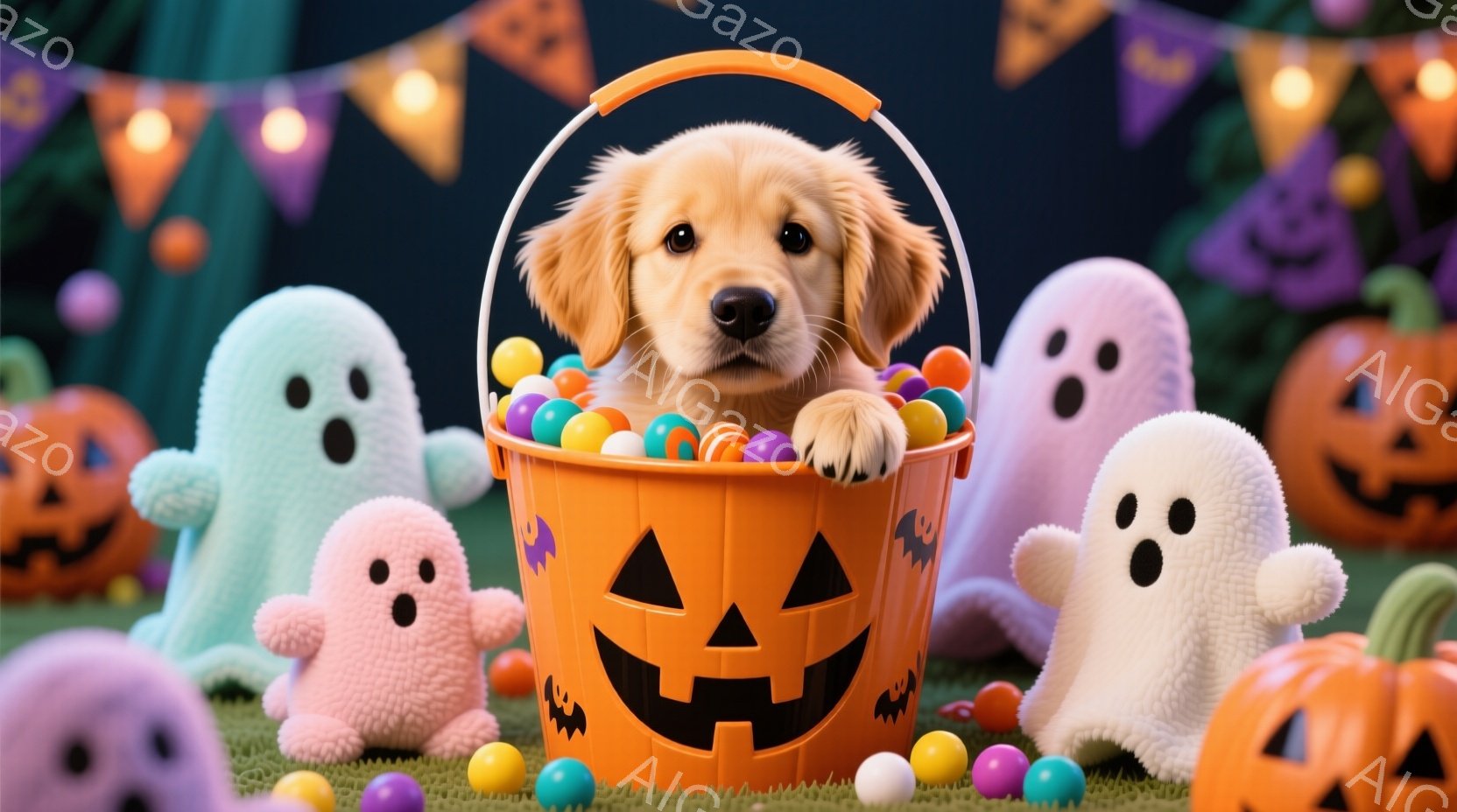 オレンジ色のハロウィーンのバケツの中に、金色の毛並みの子犬が座っており、バケツの中には色とりどりのキャンディーが散りばめられています。子犬は明るい表情で、周りにはパステルカラーの可愛いお化けや、ハロウ - AI生成フリー素材