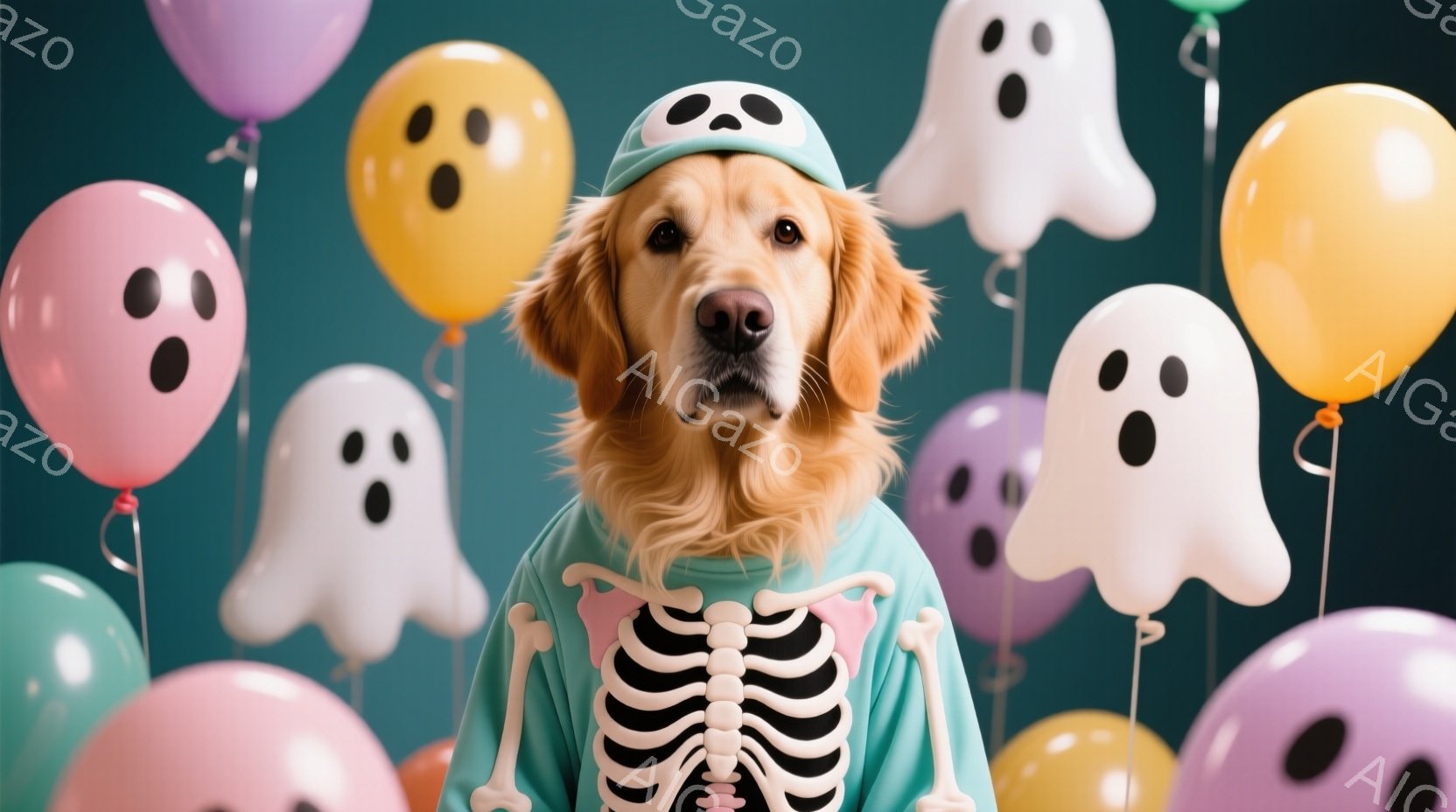 ゴールデンレトリバーがハロウィーンの衣装を着て正面を見つめている。緑色の長袖シャツに白い骸骨模様が描かれ、同じく緑色の帽子を被っている。背景には、パステルカラーの幽霊の形をした風船が多数浮かび、お祝いムードを演出している。