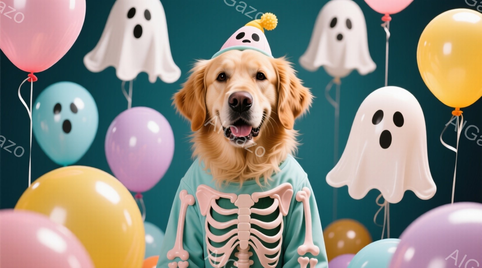 ゴールデンレトリバーがハロウィーンの衣装を着て正面を見つめています。緑色のスケルトン柄の服と、頭にはお化けの帽子をかぶっており、口を開けて楽しそうに微笑んでいます。背景には、パステルカラーの風船と白い - AI生成フリー素材