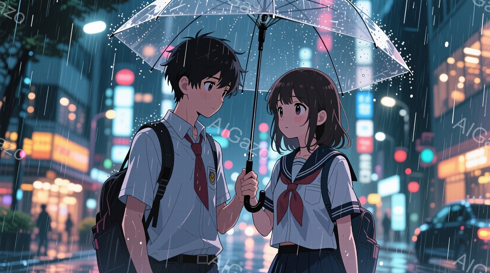 画面には、雨の夜の街並みに立つ少年と少女が描かれています。少年は制服姿で、黒髪を少し無造作に整え、憂いのある表情を浮かべています。少女はセーラー服を着ており、茶色のショートヘアで、少年のほうを見て少し照れたような表情をしています。