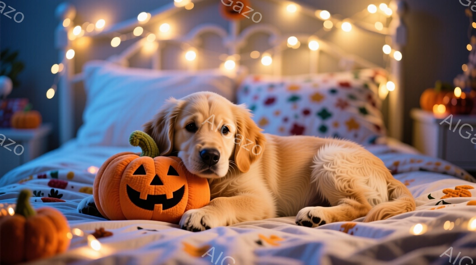 明るい金色の毛並みの子犬が、ハロウィーンの装飾であるくり抜かれたカボチャの隣でベッドに横たわっています。子犬は前足を伸ばし、リラックスした表情でカメラを見ており、背景にはハロウィーンの飾り付けとキラキ - AI生成フリー素材