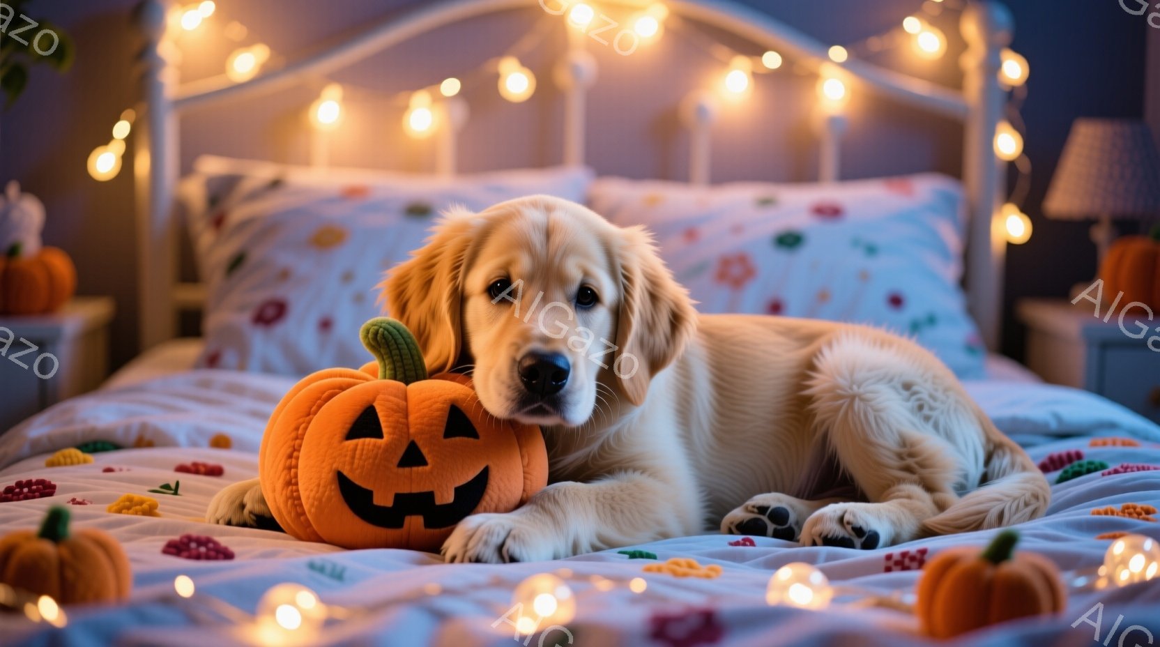 金色のレトリバーの子犬が、ハロウィーンのジャック・オー・ランタンのぬいぐるみとベッドの上でくつろいでいます。ベッドは花柄のシーツで覆われ、背景にはぼんやりと家具が見えます。ベッドの周りにはオレンジ色の - AI生成フリー素材