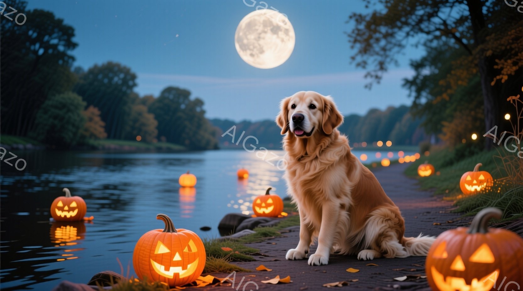 黄金色のレトリバーが、ハロウィーンの飾りであるジャック・オー・ランタンが並んだ川岸に座っています。満月が輝き、水面や岸辺にオレンジ色の光が反射して幻想的な雰囲気を醸し出しています。背景には緑豊かな木々が広がり、秋の夜の静けさとハロウィーンの楽しさが感じられます。