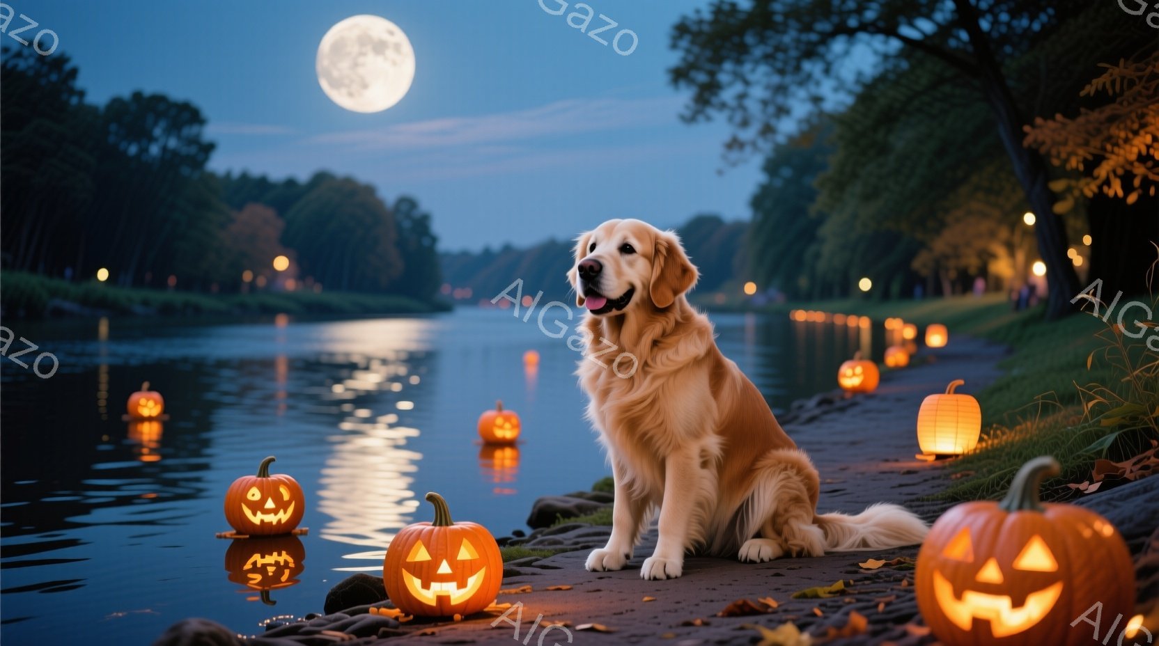 金色の毛並みの犬が、ハロウィーンの装飾であるくり抜かれたカボチャに囲まれて座っている。背景には暗い水面と木々が広がり、水面にはカボチャの光が反射している。満月が夜空を照らし、全体的に幻想的で温かい雰囲気を醸し出している。