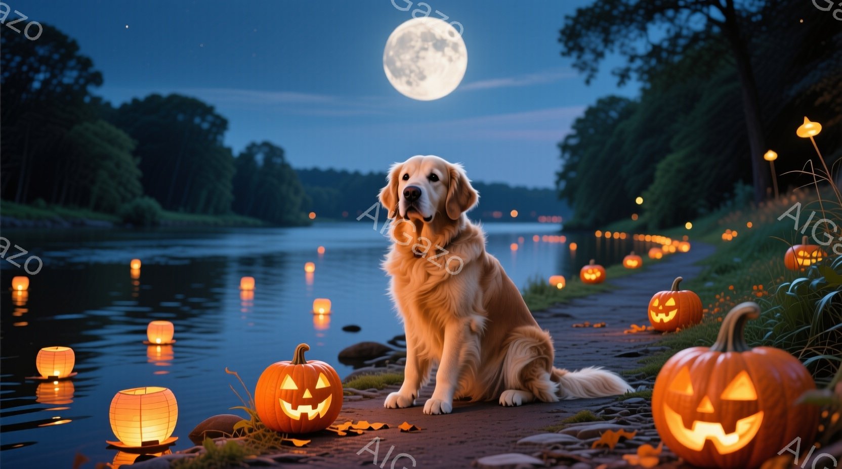金色のレトリバーが、ハロウィーンの装飾されたカボチャに囲まれた湖畔に座っています。背景には、ぼんやりと光る月と、水面に浮かぶ無数の小さな光が点在し、幻想的な雰囲気を醸し出しています。夜空は暗く、全体的 - AI生成フリー素材