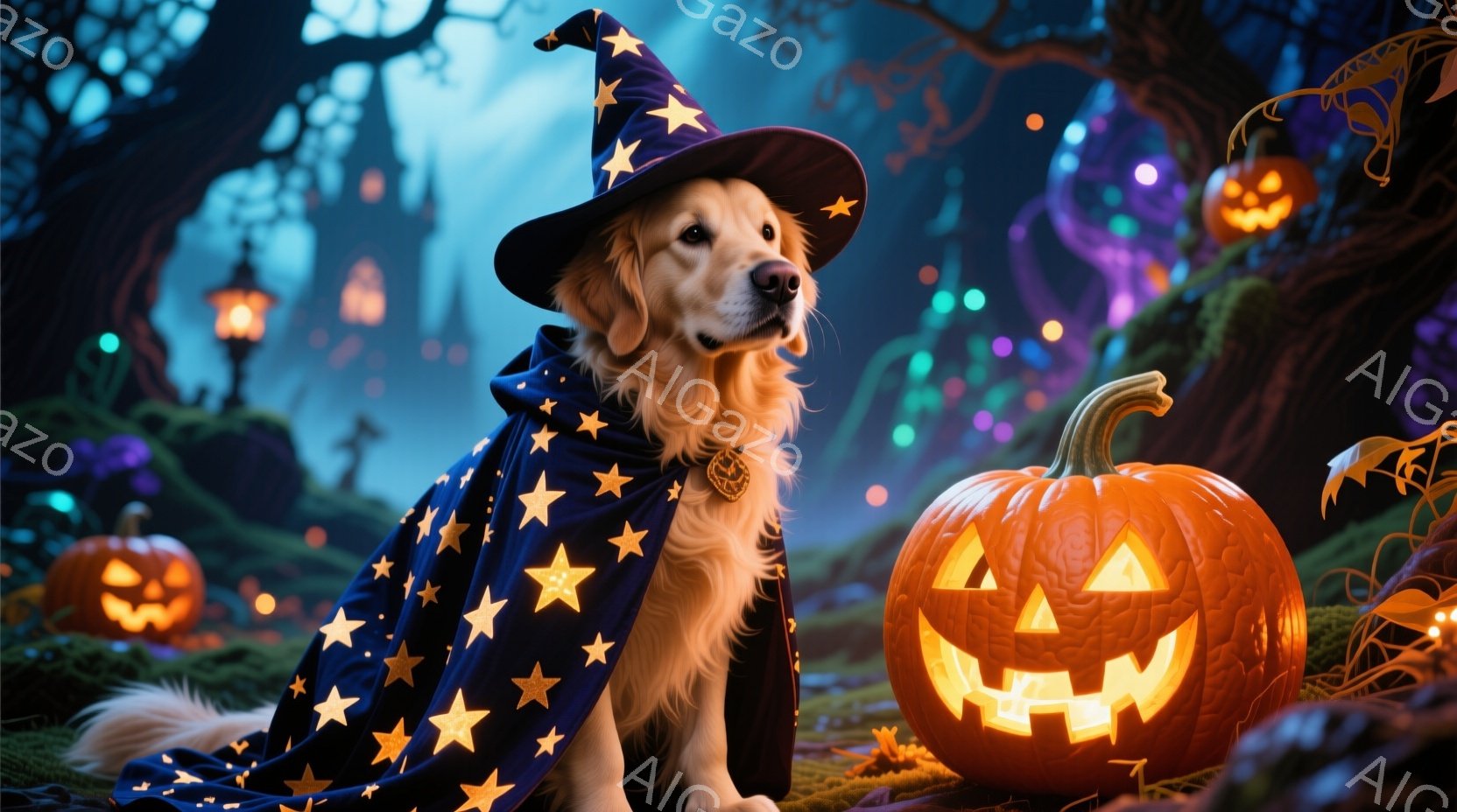 ゴールデンレトリバーが魔女の帽子と星が散りばめられたマントを身に着けて座っており、少し横を向いて自信に満ちた表情をしています。背景には、ぼんやりとした城、奇妙な木々、そして明るく光るハロウィーンのジャ - AI生成フリー素材