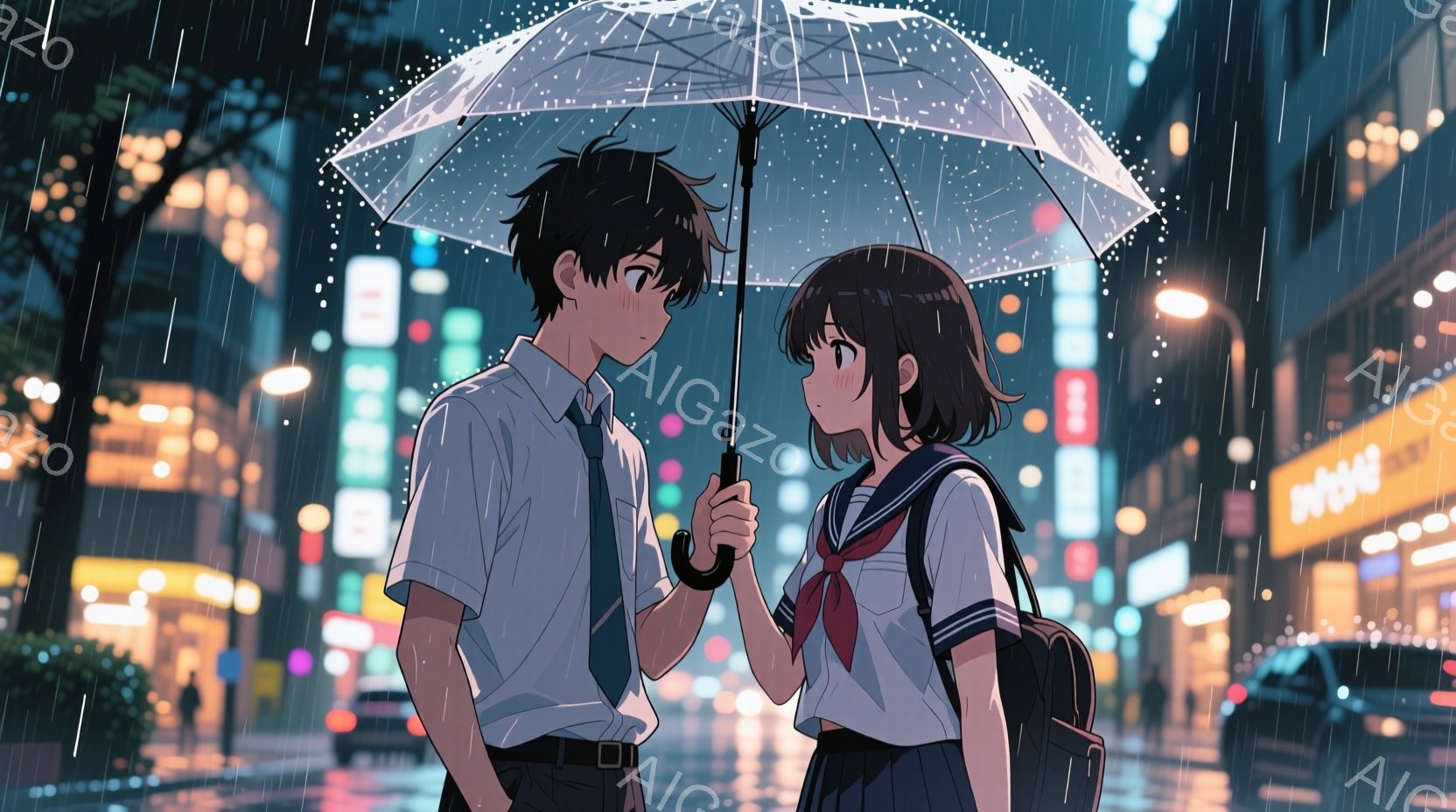 雨の夜、制服を着た男女が寄り添っている様子が描かれている。男の子は黒髪で、白いシャツにネクタイ、ベルトをしている。女の子は茶髪のショートヘアで、セーラー服を着ており、肩にリュックサックを背負っている。 - AI生成フリー素材