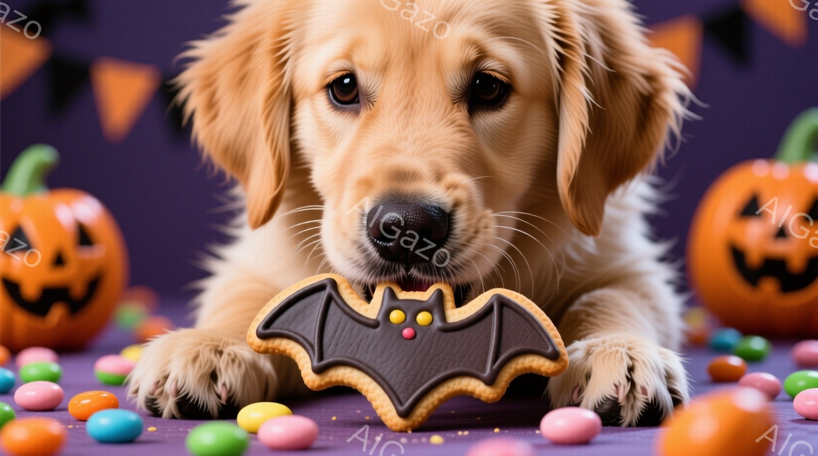 ゴールデンレトリバーが、ハロウィーンをテーマにした背景の前で、バット型のクッキーを前足で挟んでいます。クッキーはチョコレートでコーティングされ、カラフルなトッピングが施されています。背景には、パンプキ - AI生成フリー素材