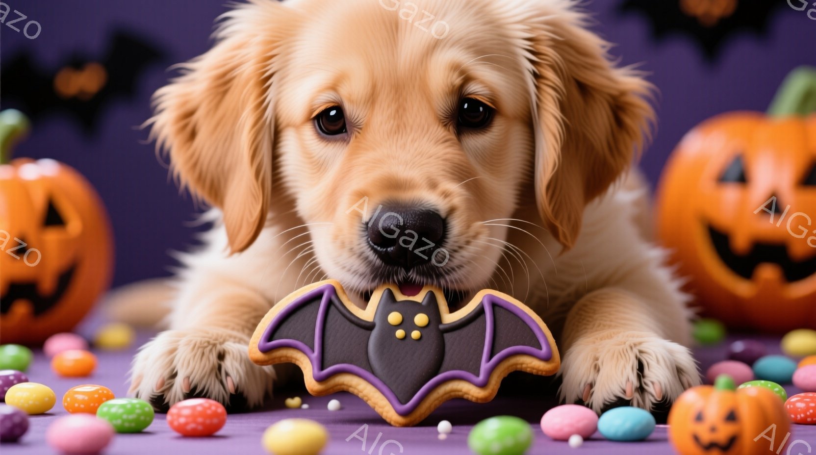 ゴールデンレトリバーの子犬が紫色の背景に散らばったカラフルなキャンディとハロウィーンの飾りの中で、バット型のクッキーを口にくわえています。子犬は前足を広げ、クッキーを大切そうに抱きかかえ、おとなしく座 - AI生成フリー素材