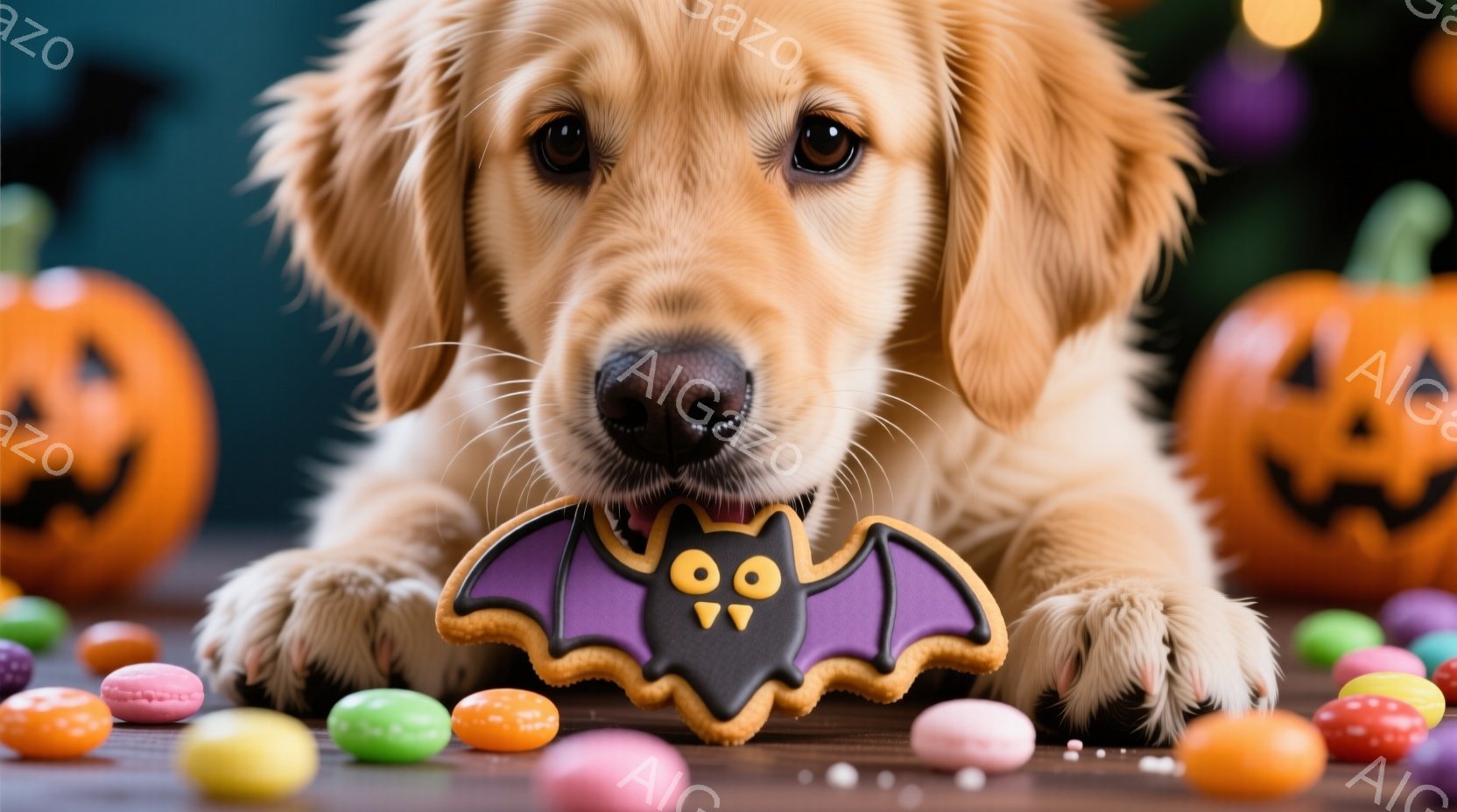 ゴールデンレトリバーが、ハロウィーンをテーマにしたクッキー（コウモリの形）を前足で挟んでいます。背景には、オレンジ色のジャック・オ・ランタンとカラフルなハロウィーンのお菓子が散らばっており、明るく楽し - AI生成フリー素材