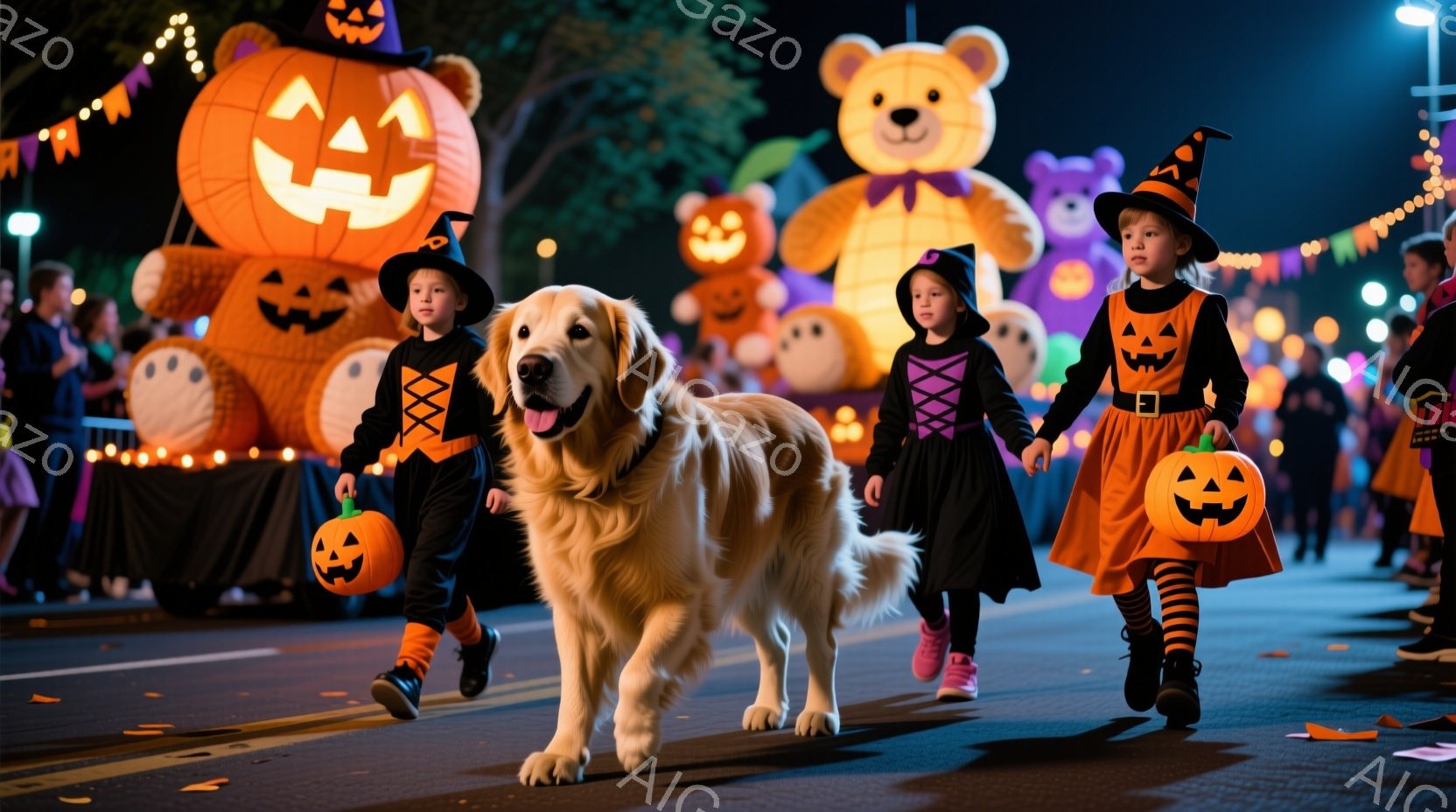 ハロウィーンの夜に、二人の子どもと一匹のゴールデンレトリバーが歩道を歩いている。子どもたちはそれぞれ黒い衣装にハロウィーンの帽子をかぶり、カボチャの形のランタンを持っており、楽しそうな表情をしている。 - AI生成フリー素材