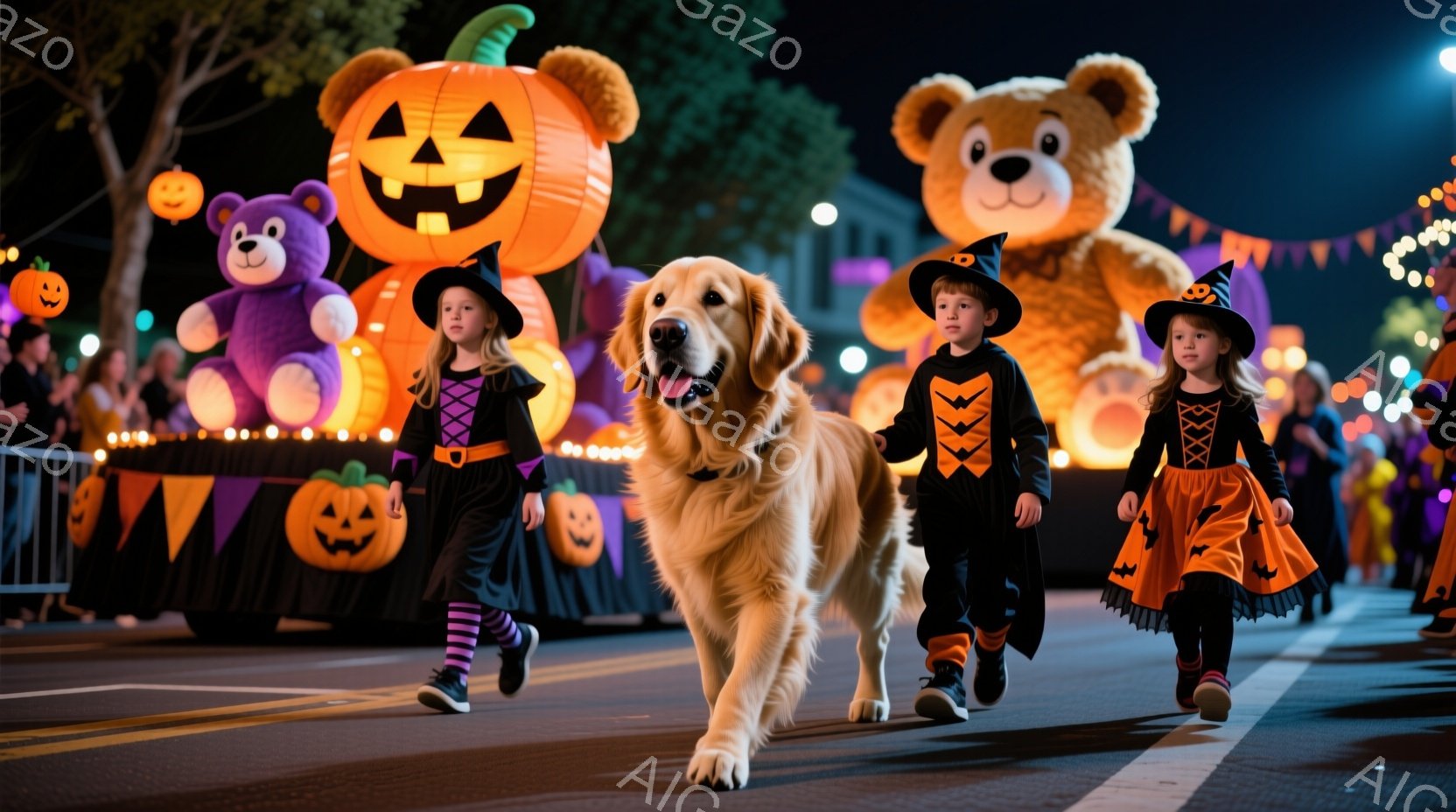 ハロウィーンの夜、金色のレトリバーが、ハロウィーンの衣装を着た2人の子供たちの間を先導して歩いている。子供たちはそれぞれ魔女とコウモリのコスチュームを着ており、お祭りの雰囲気を盛り上げている。背景には - AI生成フリー素材
