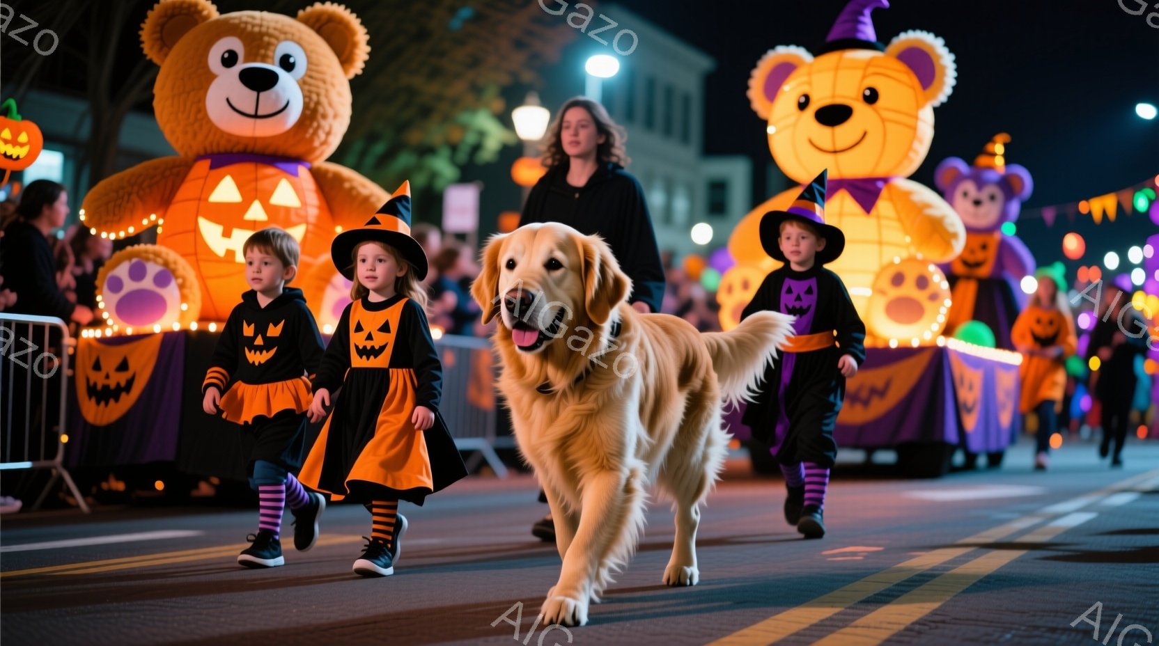 ハロウィーンの夜のパレードで、2人の子どもたちが魔女の帽子とカボチャの模様が入った衣装を着て、明るい笑顔で歩いています。金色のレトリバーが彼らの前を堂々と歩き、パレードの先導役のようです。背景には、大 - AI生成フリー素材