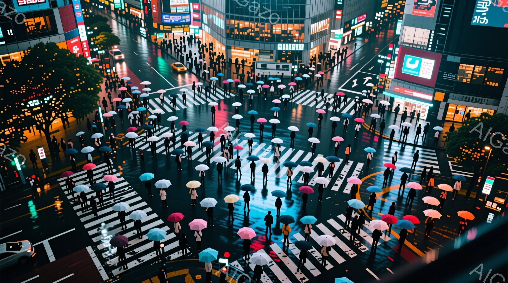 多くの人々が雨の中、色とりどりの傘をさして交差点を行き交っている様子が捉えられている。背景には高層ビル群が立ち並び、ネオンサインが光り、活気のある都会の夜を表現している。濡れた路面と傘の色が、独特の色彩と雰囲気を生み出している。