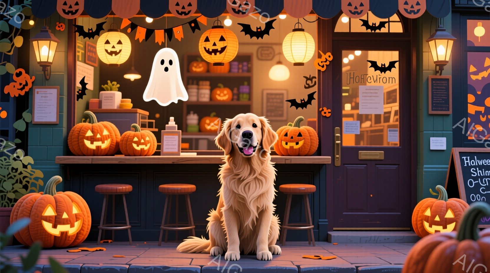 明るいオレンジ色のゴールデンレトリバーが、ハロウィーンの飾り付けがされた店の入り口に座っています。背景には、カボチャのランタン、クモの巣、幽霊などがあり、店の中には商品が並んでいます。全体的に暖かく、お祝いムードで、秋の夜の楽しい雰囲気を醸し出しています。