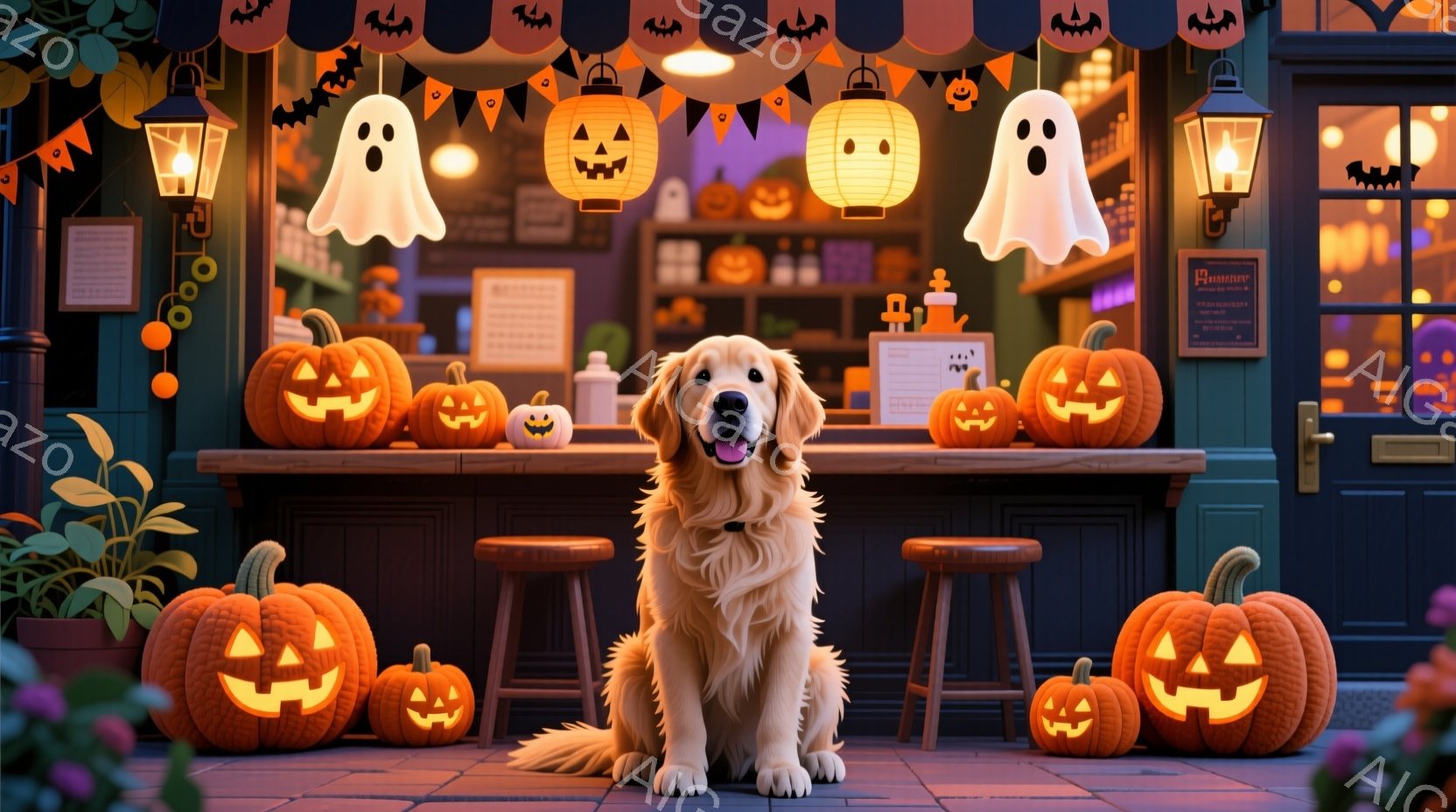 黄金色のレトリバー犬が、ハロウィーンの飾り付けがされた店の前に座っています。周囲には様々な大きさのジャック・オー・ランタンが置かれ、店には幽霊やカボチャのランタンが吊るされています。暖色系の照明とカボチャのオレンジ色が、秋らしい、お祝いの雰囲気を醸し出しています。