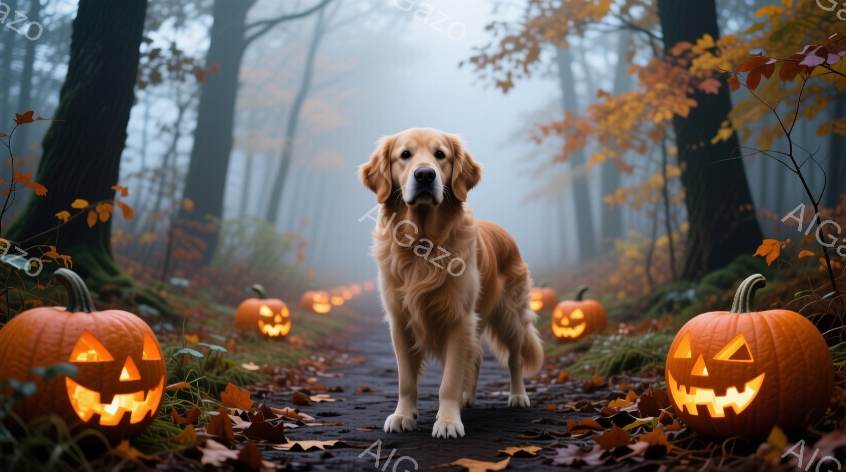ゴールデンレトリバーが、落ち葉が積もった森の小道の中央で正面を向いて立っている。道の両脇には、顔を彫られた光るカボチャが並び、ハロウィーンの雰囲気を醸し出している。背景は霧に包まれ、深まる秋の森の静け - AI生成フリー素材