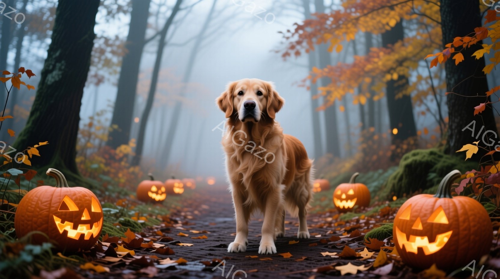 ゴールデンレトリバーが、ハロウィーンの飾りが並ぶ森の小道の中央に堂々と立っている。背景には、ジャック・オ・ランタンが点在し、落ち葉で覆われた道と、霧に包まれた木々が幻想的な雰囲気を醸し出している。犬は穏やかな表情で、見る者を見つめているようで、全体的に穏やかで趣のあるハロウィーンの光景が表現されている。