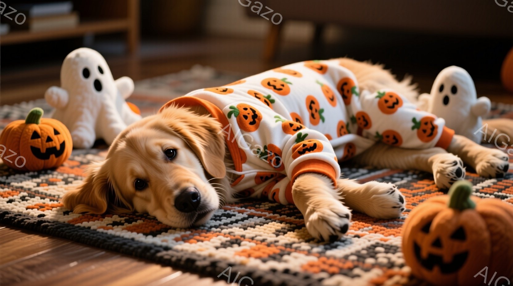 ゴールデンレトリバーがハロウィーン柄のパジャマを着て、カーペットの上に横たわっています。犬はリラックスした表情で、周りにはカボチャのぬいぐるみや幽霊のぬいぐるみが置かれています。背景は暖色系のカーペッ - AI生成フリー素材