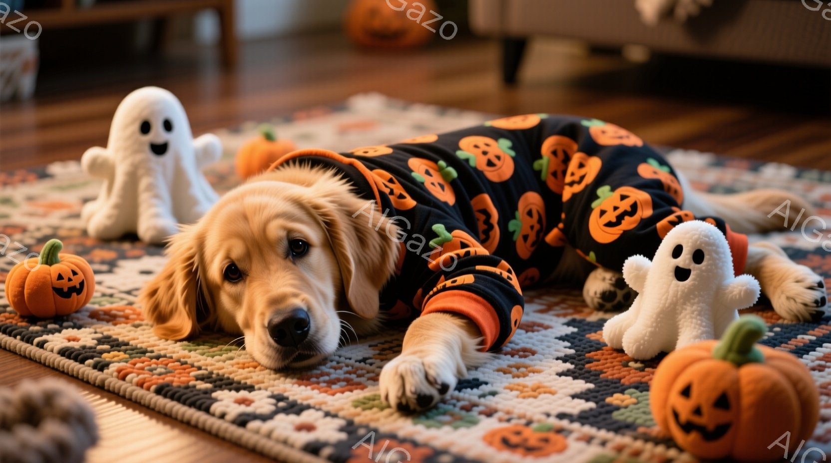ゴールデンレトリバーがハロウィーンをテーマにしたオレンジと黒のパターンの衣装を着て、敷物の上に横たわっています。犬はリラックスした表情でカメラを見つめ、その周りには小さな白い幽霊のぬいぐるみとジャック - AI生成フリー素材