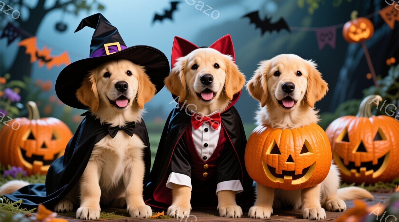 三匹のゴールデンレトリバーがハロウィーンの衣装を着て並んでいます。左の犬は魔女の帽子と黒いマントを着用し、中央の犬は吸血鬼の衣装、そして右の犬は首輪をつけています。背景にはジャック・オー・ランタン、枯 - AI生成フリー素材