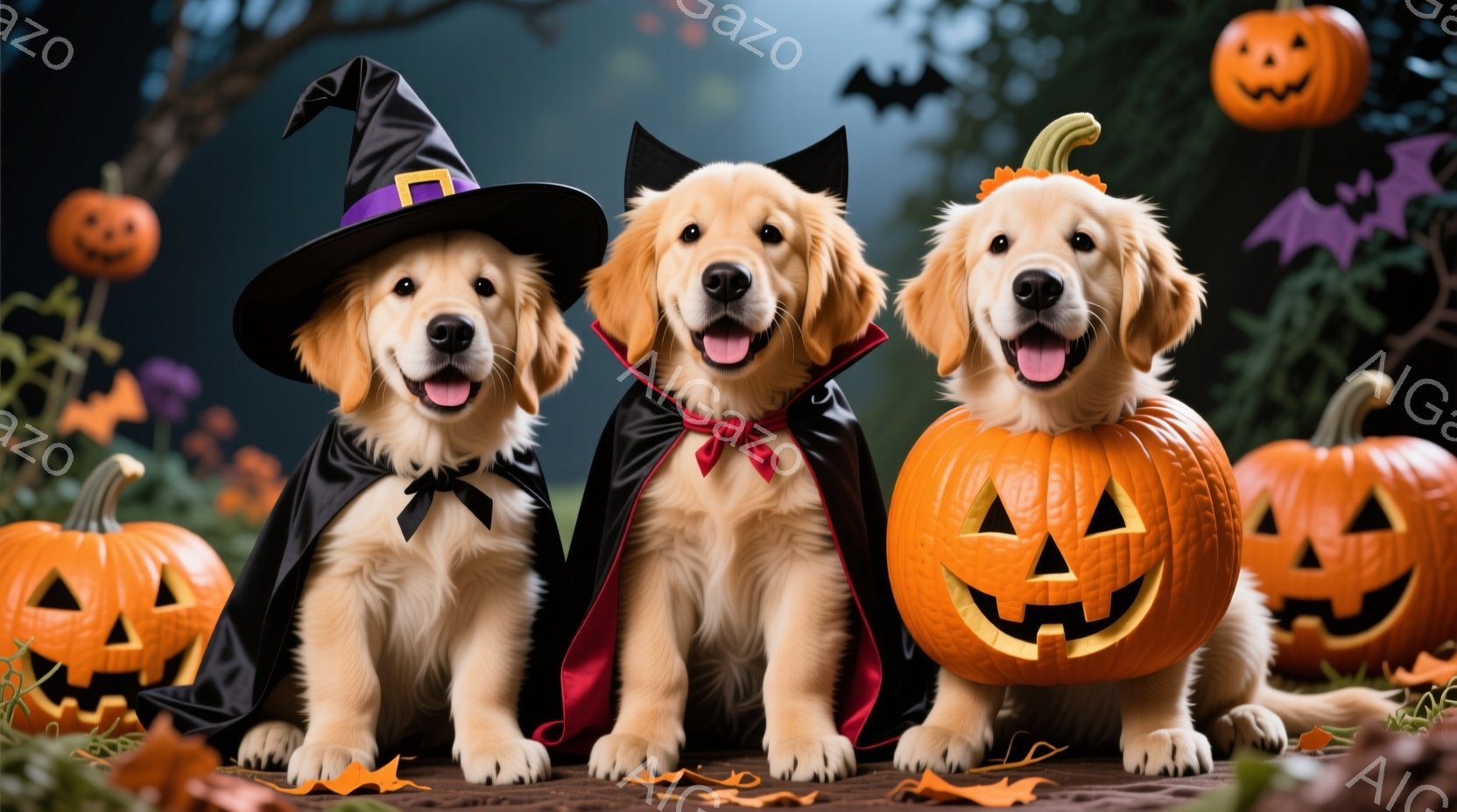 3匹のゴールデンレトリバーがハロウィーンの飾りの中で座っています。左の犬は黒い魔女帽子をかぶり、中央と右の犬はそれぞれ赤いマントを付けています。背景には、浮かぶカボチャやお化けの飾り、落ち葉が敷かれた - AI生成フリー素材