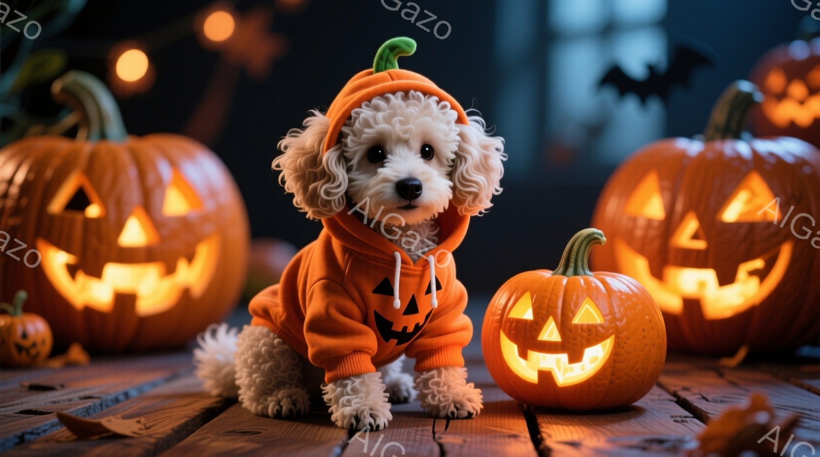 白い巻き毛の犬が、ハロウィーン風のオレンジ色のパーカーを着て、木製のテーブルの上に座っています。周囲には、ジャック・オー・ランタンがいくつか置かれ、ハロウィーンの雰囲気を盛り上げています。背景は暗く、 - AI生成フリー素材
