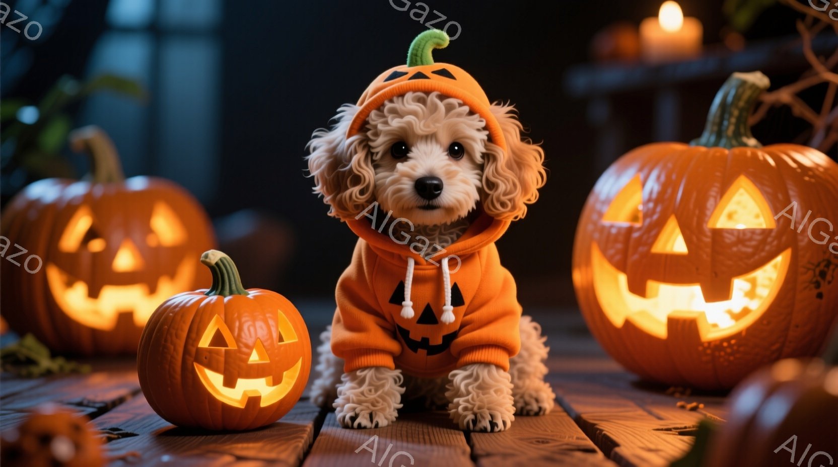 白い巻き毛の犬が、ハロウィーンのオレンジ色のパーカーを着て、木製のテーブルの上に座っています。周りにはジャック・オー・ランタンが置かれ、全体的に温かく、お祝いの雰囲気です。背景は暗く、テーブルとランタ - AI生成フリー素材