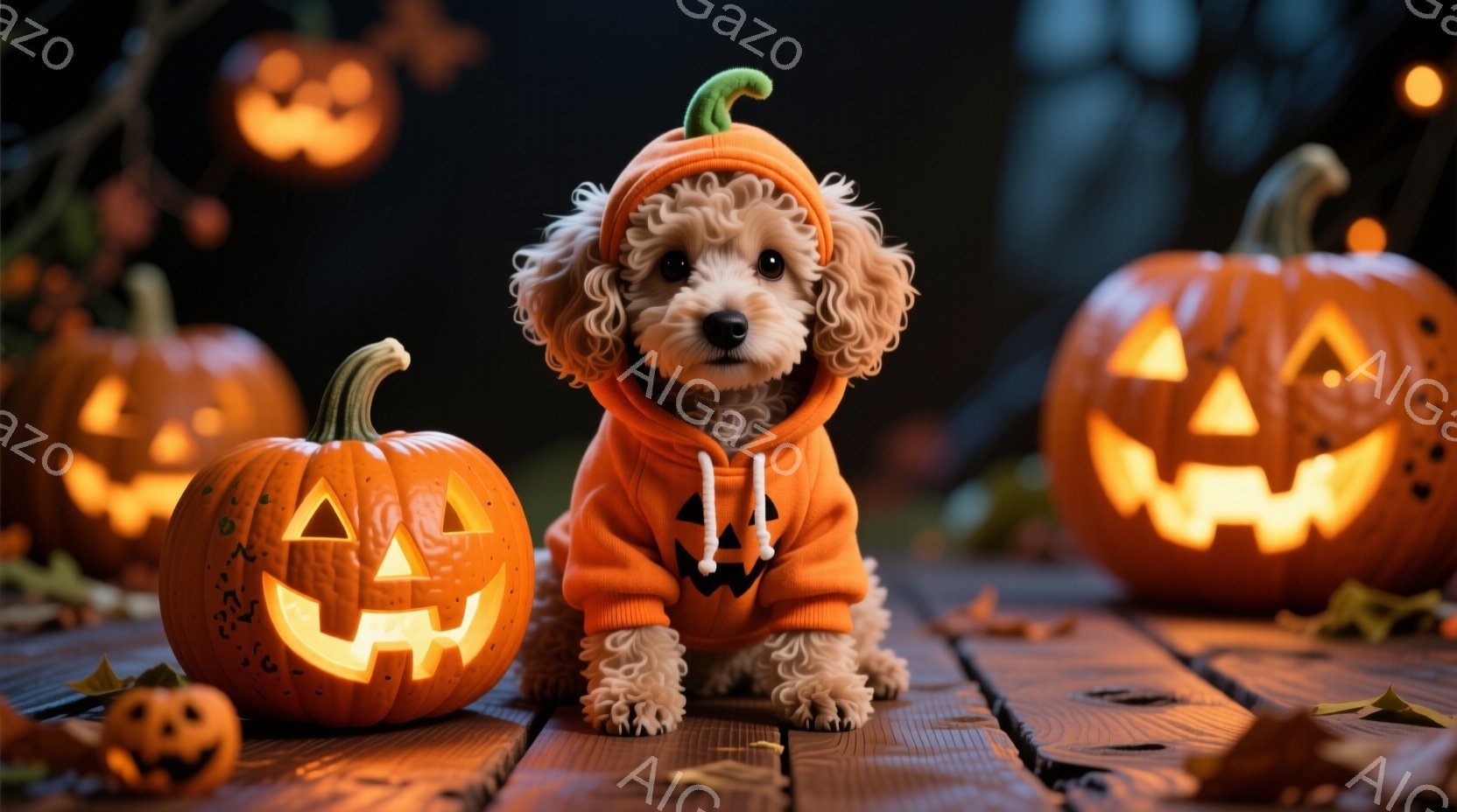 ハロウィーンの飾り付けられた木製のテーブルの上にいる、ふわふわの白い犬が映っています。犬はオレンジ色のカボチャの衣装を着ており、頭にはカボチャの帽子をかぶっています。周りには、様々な大きさのジャック・ - AI生成フリー素材