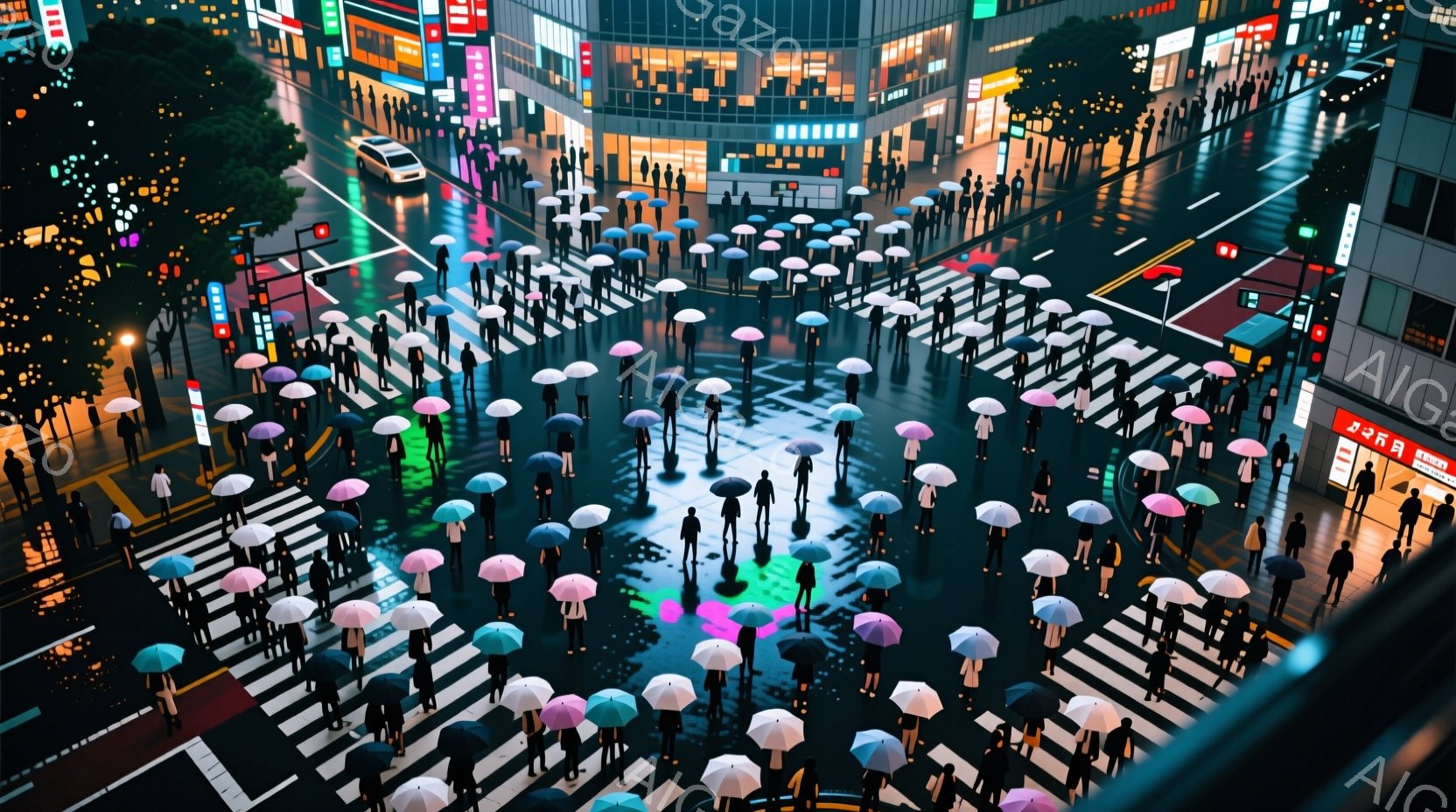 多くの人々が雨の中、色とりどりの傘をさして交差点で歩いている様子が描かれている。高層ビル群が立ち並び、濡れた路面に光が反射し、都会の夜の活気と少し寂しさを感じさせる。人々は皆、黒い服装で統一されており - AI生成フリー素材