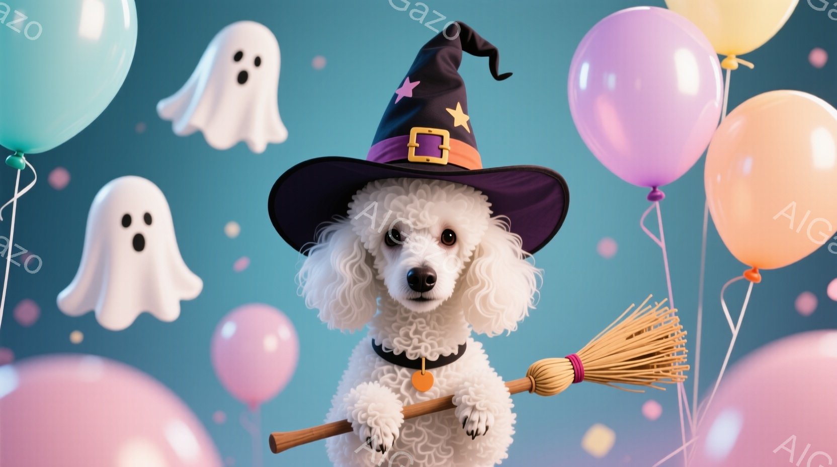 白い巻き毛の犬が、魔女の帽子をかぶり、小さな箒を抱えています。背景には、パステルカラーの風船や可愛らしい幽霊が浮かび、ハロウィーンらしい雰囲気が漂っています。犬は穏やかな表情で、まるでハロウィーンを楽しむ魔女のようです。