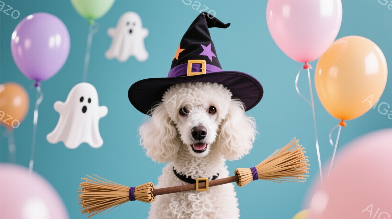 白い巻き毛の犬が、ハロウィーンの魔女帽子をかぶり、小さな箒を抱えています。背景はターコイズブルーで、様々な色の風船と可愛らしいお化けの飾り付けが施されており、楽しい雰囲気を醸し出しています。犬はカメラ - AI生成フリー素材