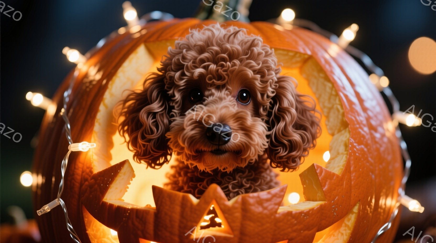 ふわふわの茶色の巻き毛の犬が、くり抜かれたオレンジ色のカボチャの中に顔を覗かせています。犬は少し上目遣いで、穏やかな表情をしています。背景にはぼんやりと光る電飾があり、ハロウィンの雰囲気を感じさせます - AI生成フリー素材