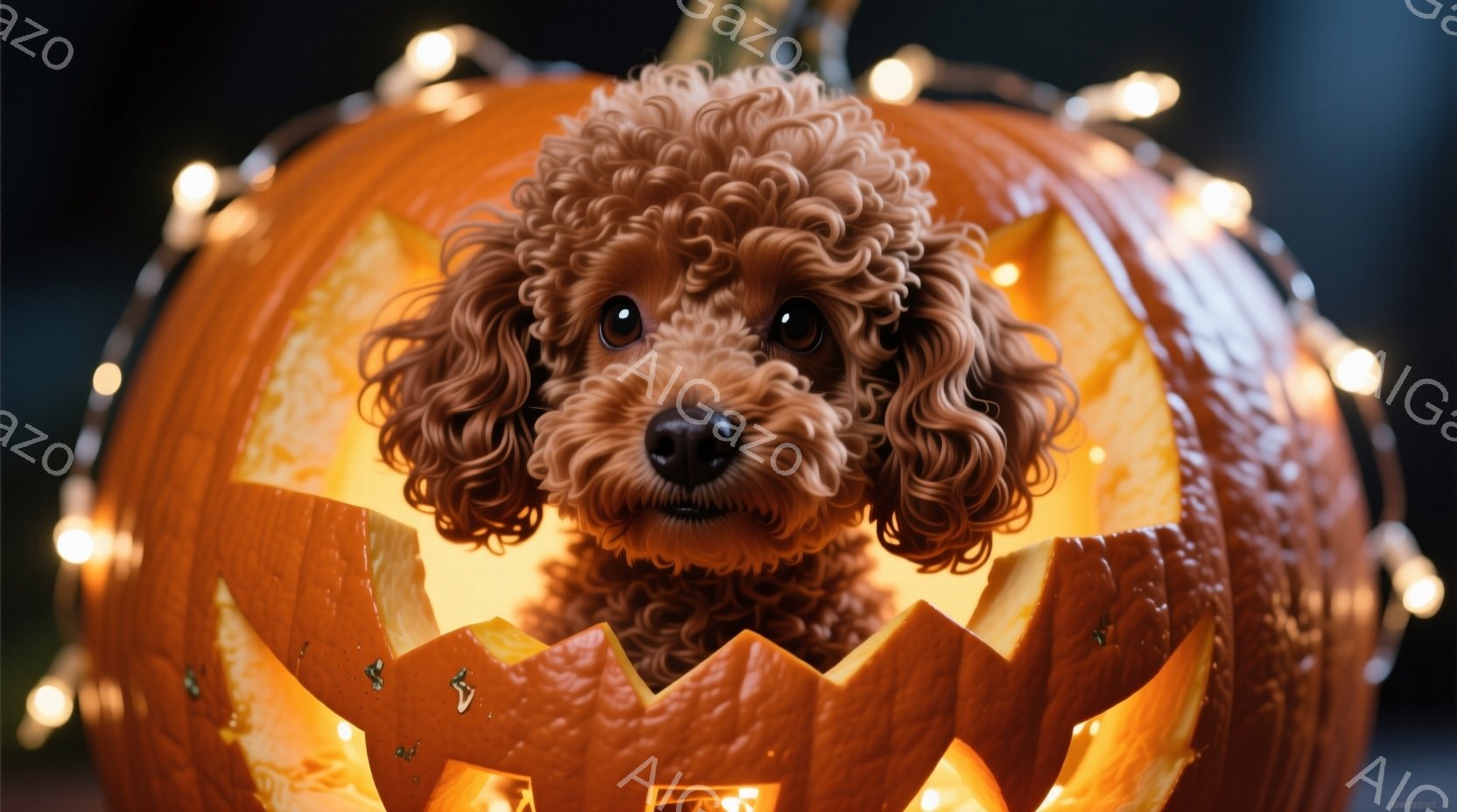 ふわふわの茶色の巻き毛のトイプードルが、ジャック・オー・ランタンの彫刻が施されたオレンジ色のカボチャの中にいます。犬は正面を向き、大きな黒い瞳でカメラを見つめており、好奇心と遊び心に満ちた表情をしてい - AI生成フリー素材