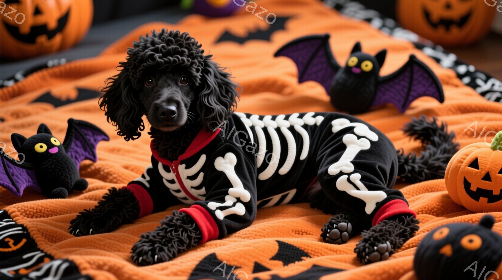 黒い巻き毛の犬が、ハロウィーンの骨格のコスチュームを着てオレンジ色の背景に横たわっています。犬はリラックスした表情で、コスチュームの骨の模様が目立ち、可愛らしい印象を与えます。背景には、紫色のコウモリ - AI生成フリー素材