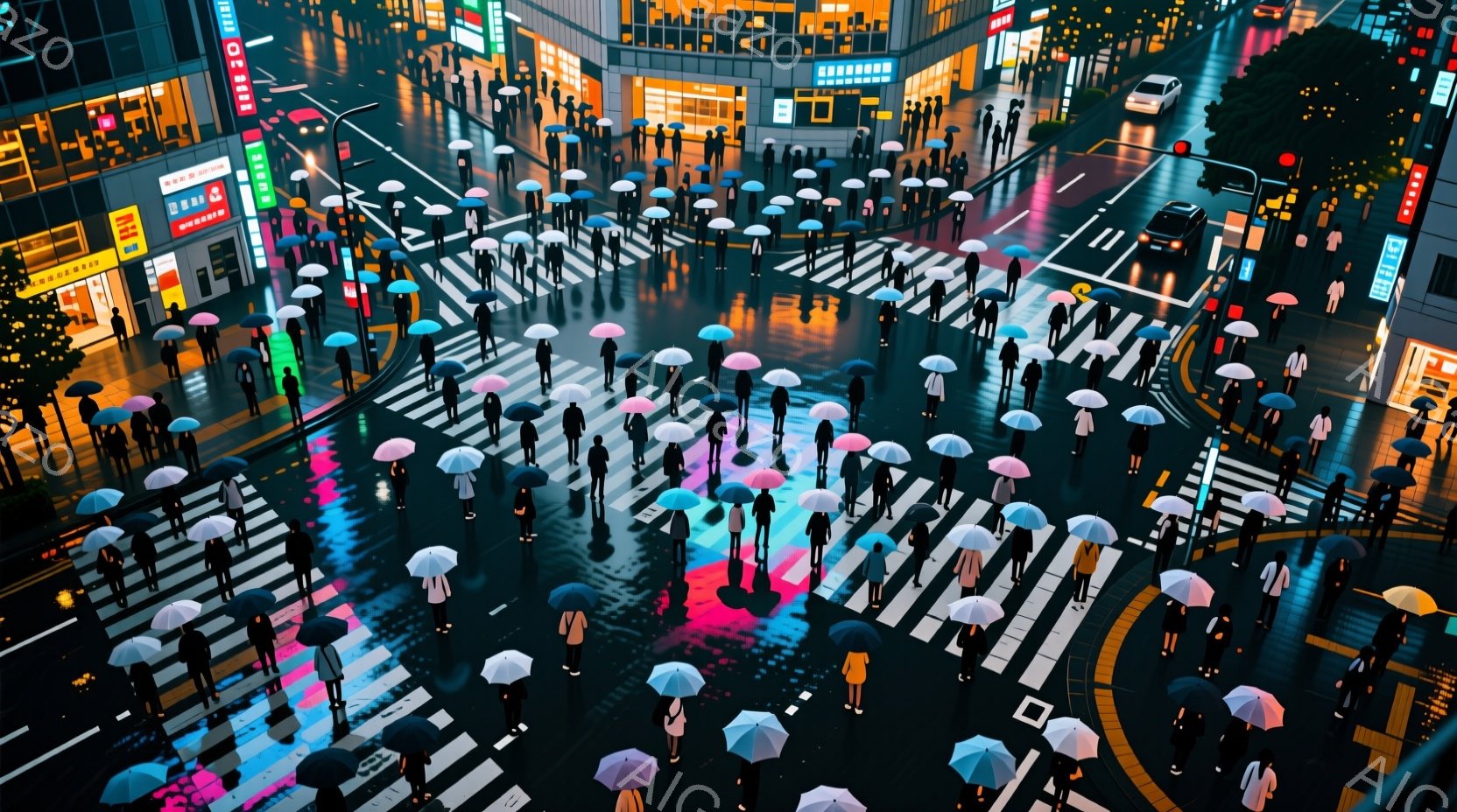 多くの人々が、雨の夜の賑やかな交差点で傘をさして歩いている。人々は皆、黒や濃い色の衣服を着ており、髪型や表情は特定できないほど小さく見える。背景には、ネオンライトで照らされた高い建物が立ち並び、雨で濡れた路面に光が反射して幻想的な雰囲気を作り出している。