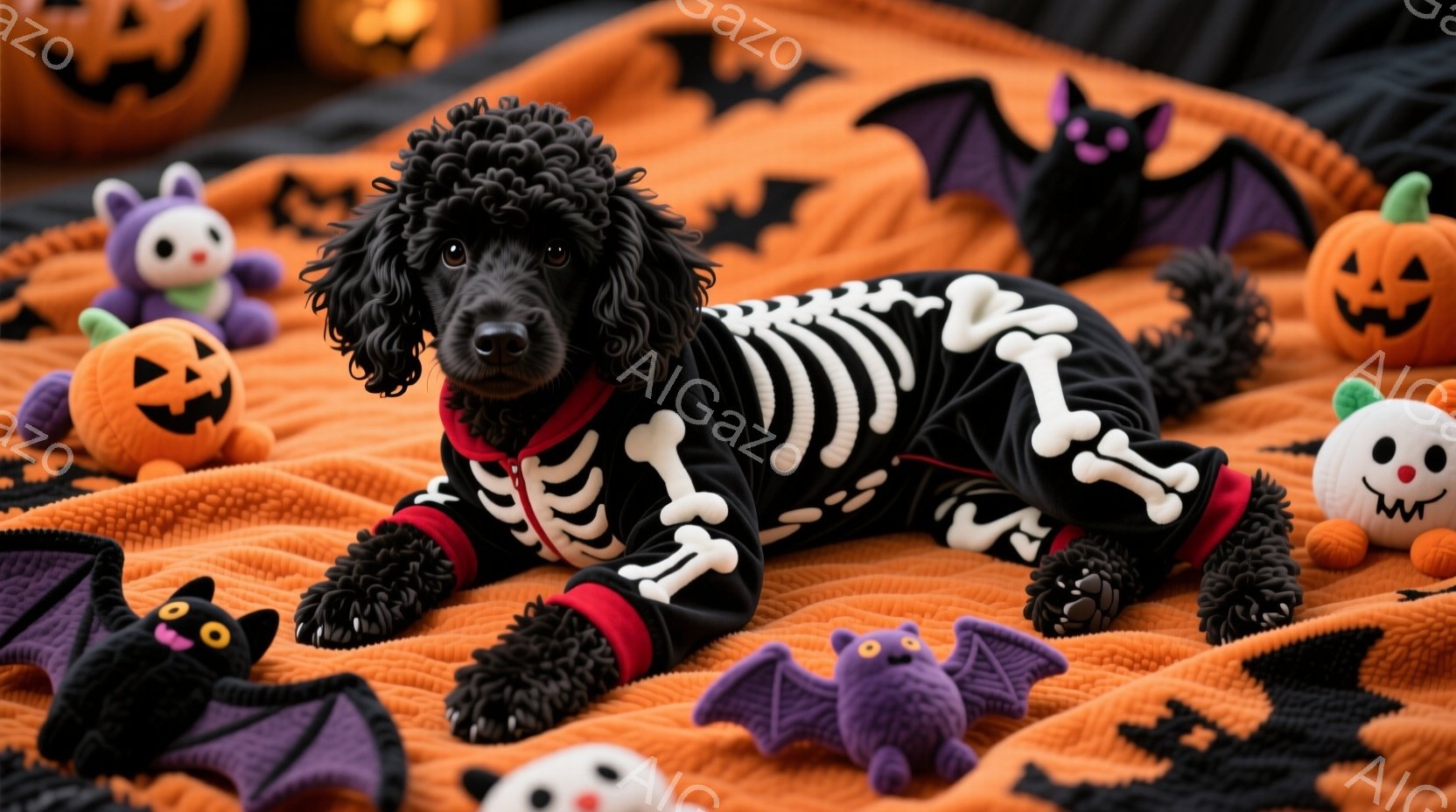 黒い巻き毛の犬が、ハロウィーンの骨のコスチュームを着てオレンジ色の背景に横たわっています。コスチュームは黒地に白の骨の模様で、袖と足元は赤色です。背景には、紫色のコウモリやオレンジ色のジャック・オー・ - AI生成フリー素材