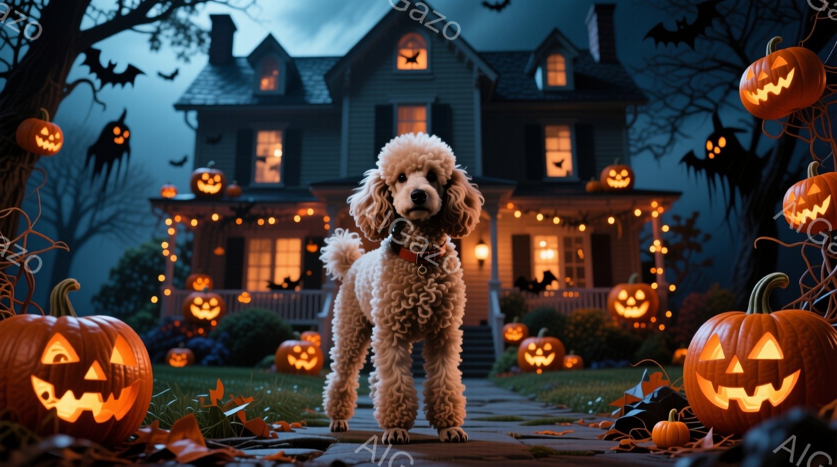 白い巻き毛のプードルが、ハロウィーンの飾り付けがされた家の前に立っている。家はオレンジ色のライトで照らされ、庭にはたくさんのジャック・オ・ランタンとコウモリが飾られている。夜空は暗く、全体的に神秘的で - AI生成フリー素材