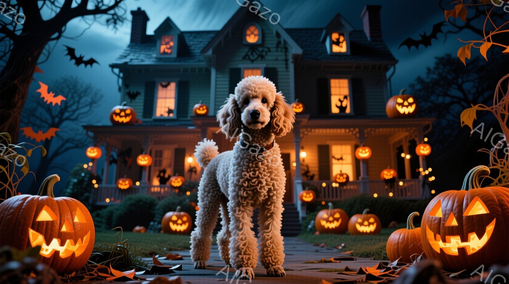白い巻き毛のスタンダードプードルが、ハロウィーンの飾り付けがされた家の前に立っている。家の周りには様々な大きさのジャック・オー・ランタンが並べられ、暖かくオレンジ色の光を放っている夜の風景で、少し不気 - AI生成フリー素材