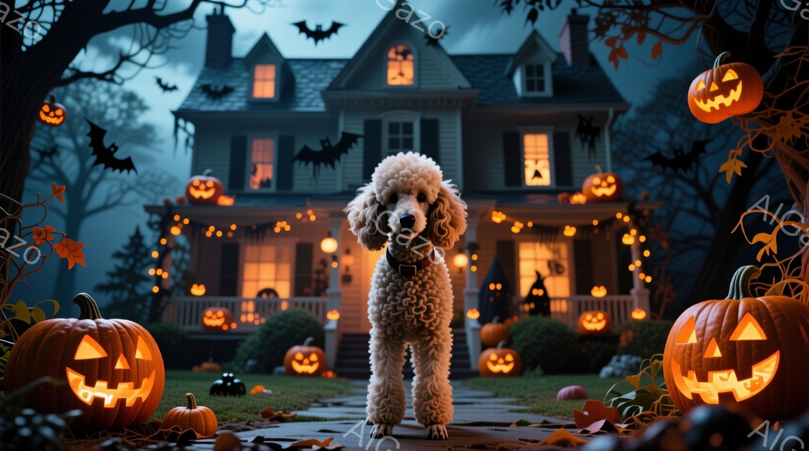 白い巻き毛のプードルが、ハロウィーンの飾り付けがされた家の前に立っている。庭には様々な大きさのジャック・オ・ランタンが置かれ、家はオレンジ色の光で照らされている。背景には暗い森と、黒いシルエットのコウ - AI生成フリー素材