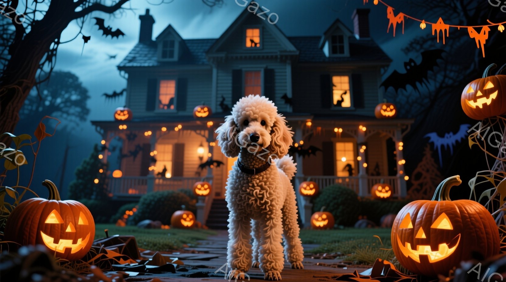 白い巻き毛の犬が、ハロウィーンの飾り付けがされた家の前に立っている。犬は首輪をつけており、まっすぐ前を見て穏やかな表情をしている。背景には、オレンジ色のジャック・オ・ランタン、飾り付けられた家、そして - AI生成フリー素材