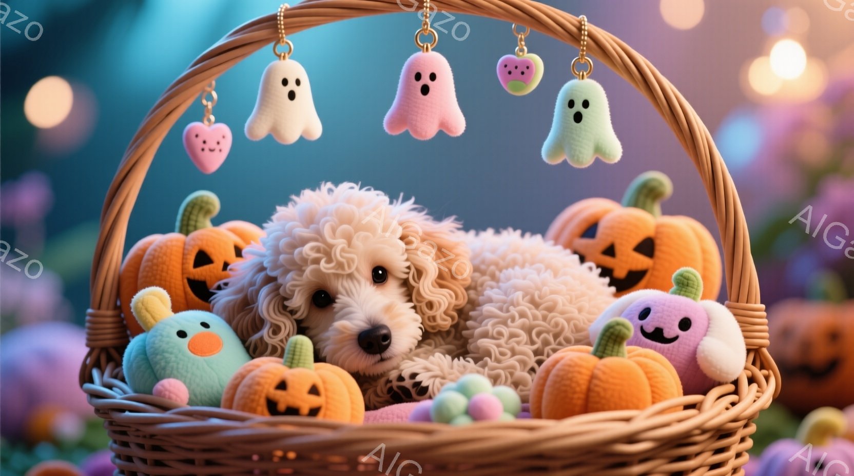 白い巻き毛の犬が、ハロウィーンの飾りで満たされた籠の中に可愛らしく座っています。周りにはオレンジ、水色、ピンク、緑の可愛らしいカボチャのぬいぐるみと、お化けのチャームが飾られています。背景にはぼやけた - AI生成フリー素材