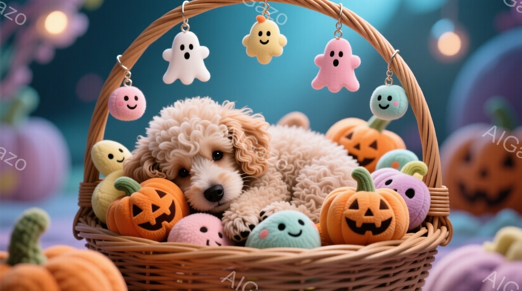 クリーム色の巻き毛の犬が、ハロウィーンをテーマにした籐のバスケットの中に座っています。バスケットには、オレンジ、紫、ピンク色の可愛らしいジャック・オー・ランタンとゴーストのぬいぐるみがたくさん入っており、犬はそれらに囲まれてリラックスした表情をしています。背景には、ぼんやりとしたオレンジと紫色のカボチャが配置され、全体的に暖かく、お祝いの雰囲気を作り出しています。