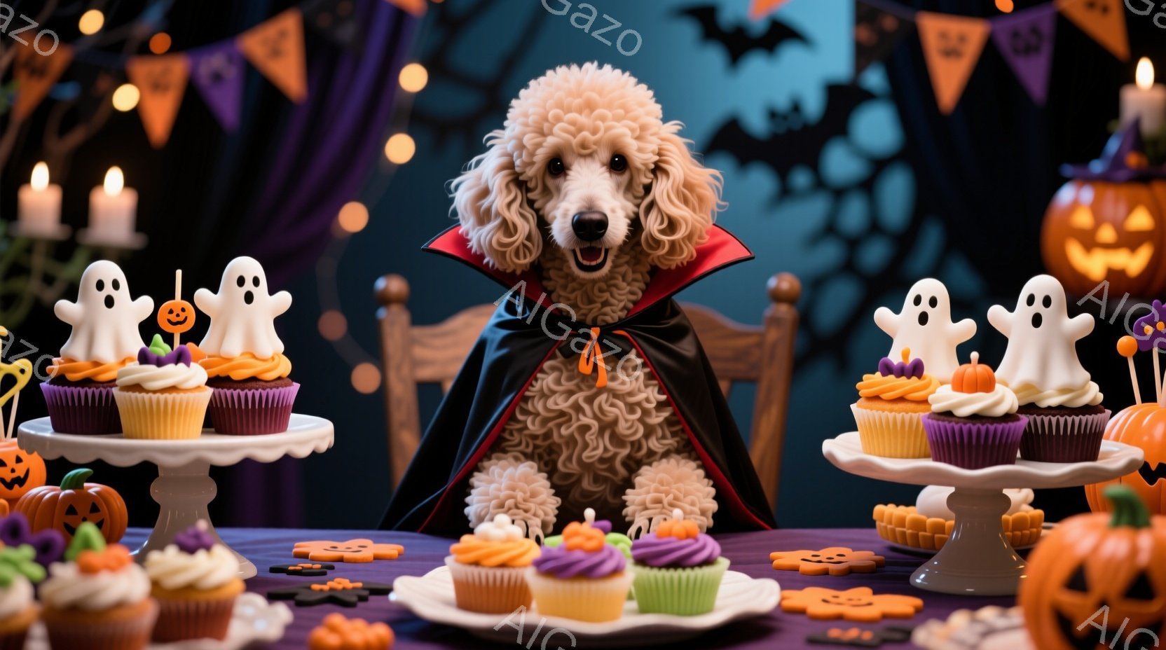 白い巻き毛の犬が、ハロウィーンのパーティーのテーブルの前に座っています。黒いマントを羽織り、楽しそうな表情でカメラを見ています。背景には、カボチャのランタン、お菓子、そしてハロウィーンの装飾が散りばめられており、お祝いの雰囲気です。