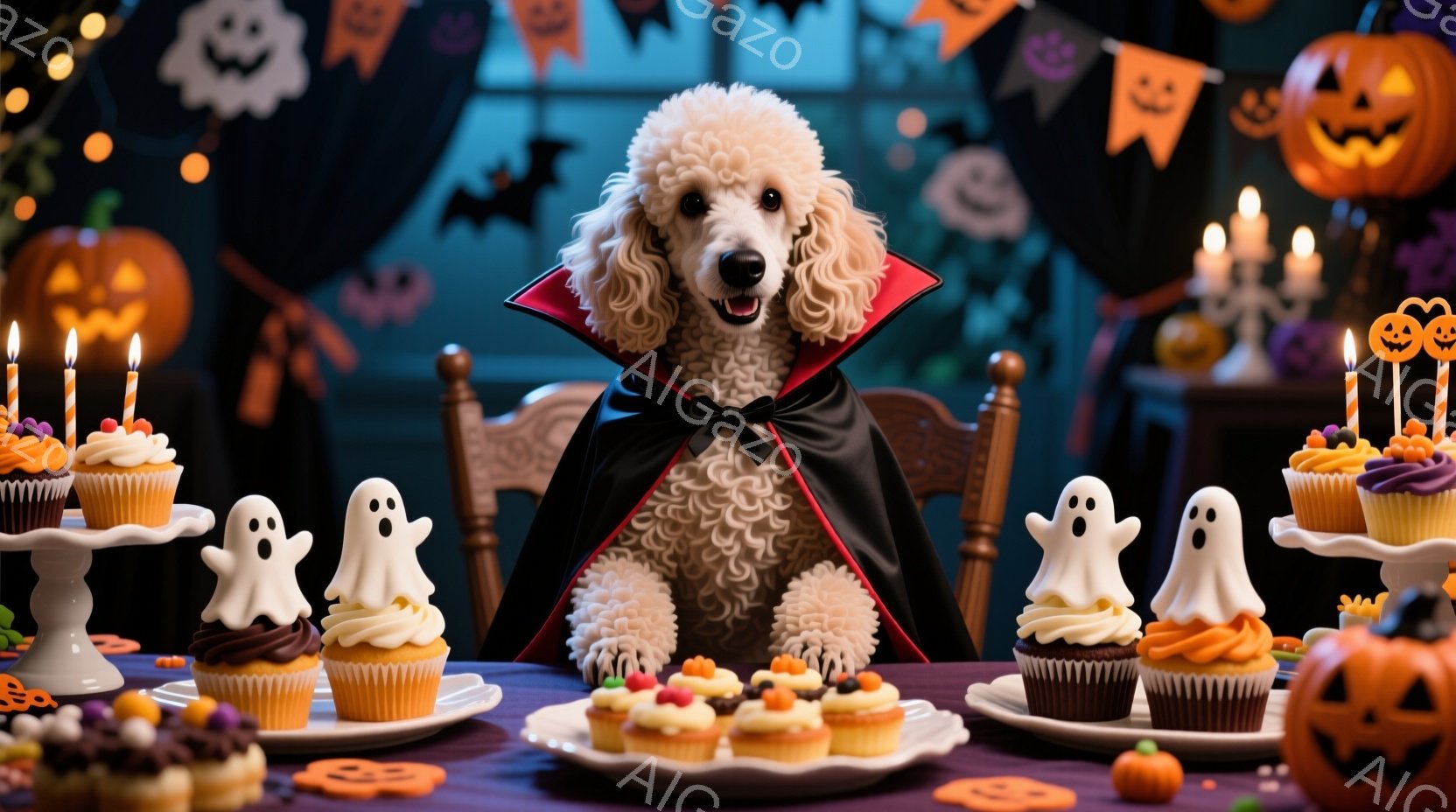 白い巻き毛の犬が、ハロウィーンらしい黒いマントを身につけて正面を見つめています。テーブルの上には、お化けやカボチャのデコレーションが施されたカップケーキや焼き菓子が並べられ、ハロウィーンのパーティーの - AI生成フリー素材