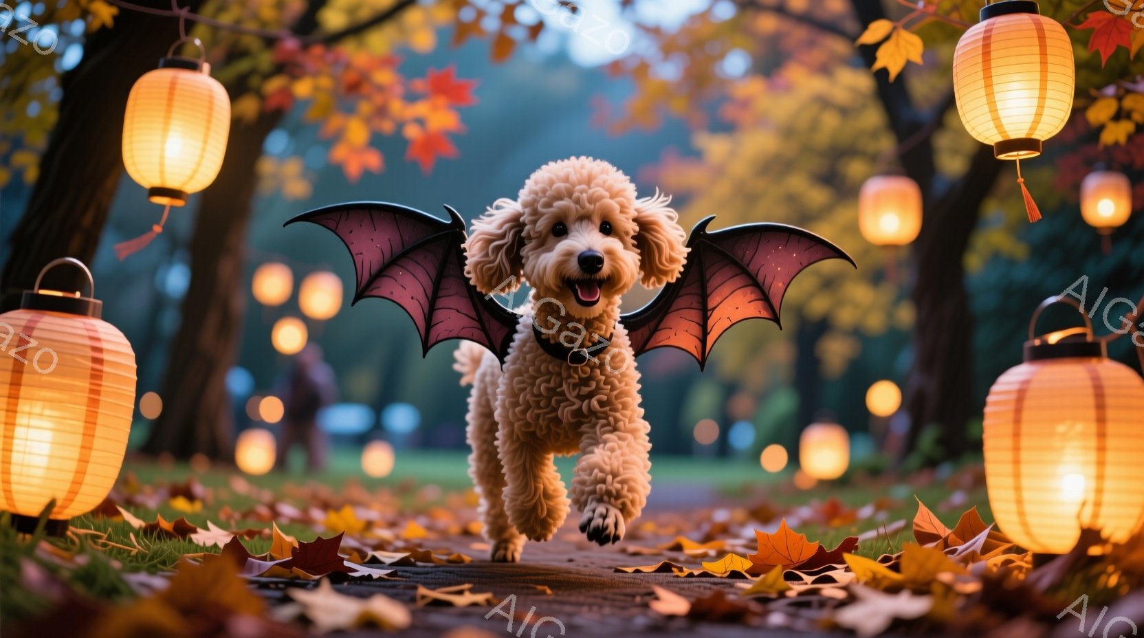 ふわふわの巻き毛の犬が、ハロウィーンの蝙蝠の翼をつけて芝生の上を駆けている。背景にはオレンジ色の提灯が並び、落ち葉が舞う秋の夕暮れの遊歩道が広がっている。犬は嬉しそうに口を開け、楽しげな雰囲気を醸し出 - AI生成フリー素材