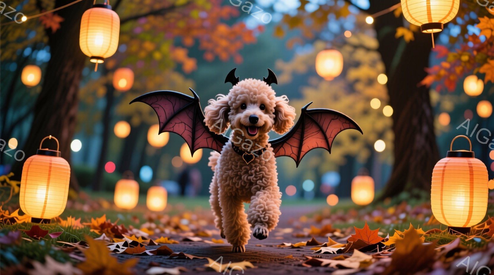 白い巻き毛のトイプードルが、黒いコウモリの翼をつけて、落ち葉が散らばる道を駆けている。背景にはオレンジ色の提灯が並び、秋の夜のハロウィンらしい温かく幻想的な雰囲気を醸し出している。犬は口を開けて楽しそ - AI生成フリー素材